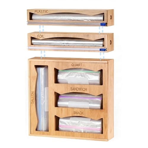 6-in-1 Bamboo Kitchen Drawer Organizer for Storage Bag, Foil & Plastic Wrap - Image 1