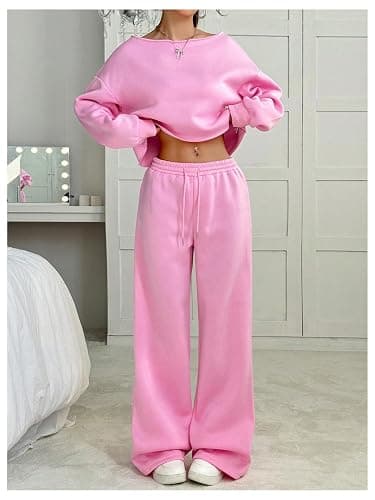 SOLY HUX Women's 2 Piece Outfits Fall Sweatsuits Off The Shoulder Crop Top Wide Leg Sweatpants Casual Matching Lounge Sets thumbnail 3