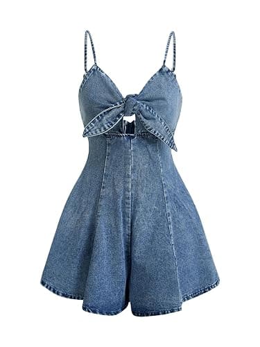 OYOANGLE Women's Vintage Bowknot Spaghetti Strap Denim Romper Sleeveless Wide Leg Jean Short Jumpsuits - X-Large - Light Wash - Image 1