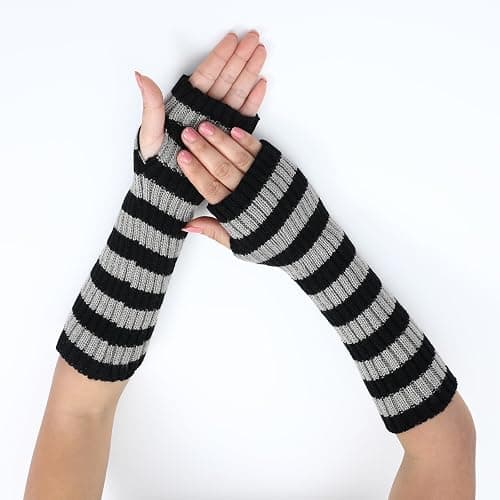 Julpsk Therian Stuff Grunge Emo Crochet Cat Ears Hat Striped Fingerless Gloves Stackable Bracelets thumbnail 3