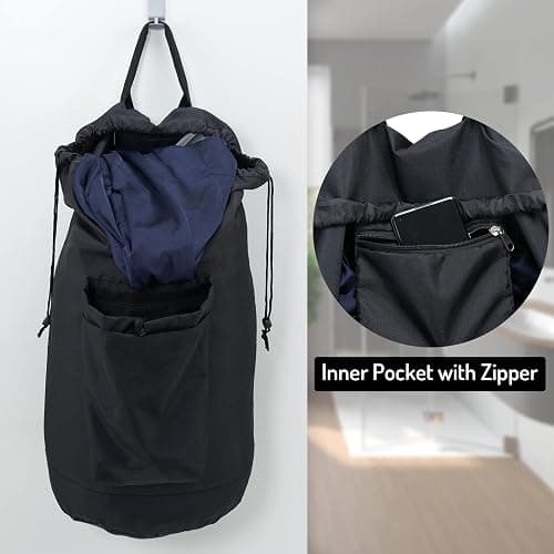 Laundry Backpack Bag, Dirty Clothes Travel Laundry Bag with Shoulder Straps for College Dorm Room (Black) thumbnail 4