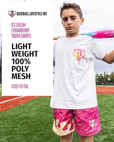 Baseball Lifestyle 101 Ice Cream Youth Mesh Shorts – Strawberry, 5 in Inseam, Side Pockets, Elastic Waist thumbnail 3