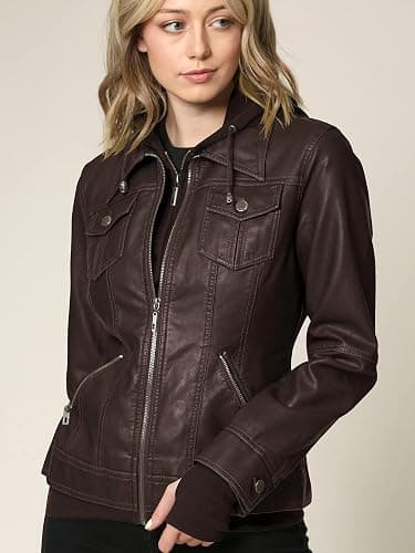 Made By Johnny Faux Leather Jacket Women Motorcycle Coat for Biker with Removable Hood thumbnail 2