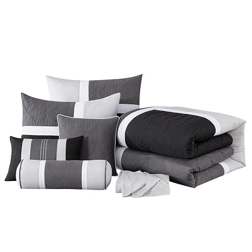 Chezmoi Collection Upland 7-Piece Quilted Patchwork Comforter Set, Black/Gray/Light Gray, King thumbnail 9