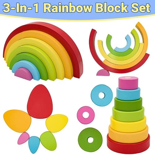 MEGRANATE Montessori Wooden Rainbow Stacking Toys for Kids Wood Building Blocks Nesting Puzzle Toy Colorful Stacker Arch Game Sensory Educational Learning Toys for 3+ Year Old Kids thumbnail 3