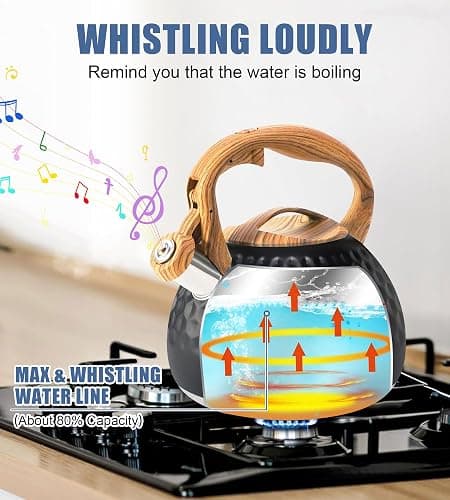 Foedo 3.2Qt Stainless Steel Whistling Tea Kettle Stovetop, Black | Loud Whistling Spout, Cool Touch Wood Grain Handle, Rustproof Food Grade Steel, Compatible With All Stovetops thumbnail 5