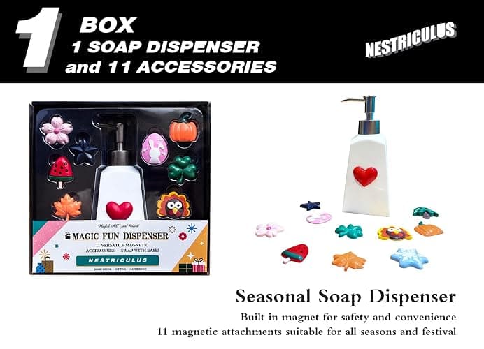 Nestriculus Seasonal Soap Dispenser with 11 Interchangeable Magnets - Seasonal Decor - Farmhouse Bathroom Kitchen Decor (Resin,Built in Magnet) - 8.82oz (Silver) thumbnail 3