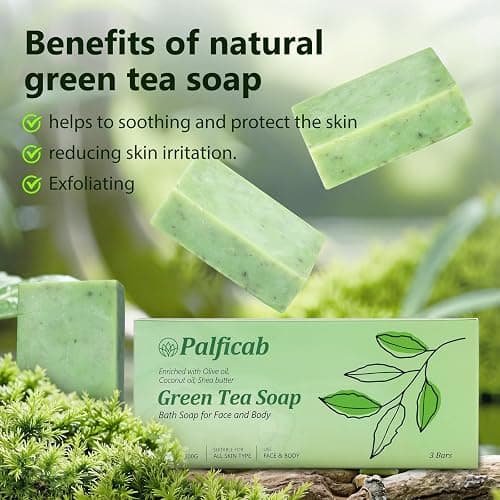PALFICAB Green Tea Soap, Moisturizing Bath Soap Bars, Cruelty-Free, Gentle Exfoliating for Hydrating & Nourishing Skin with Green Tea Leaves, Coconut Oil, Shea Butter, Gifts for Women Men, 3 Bars thumbnail 4