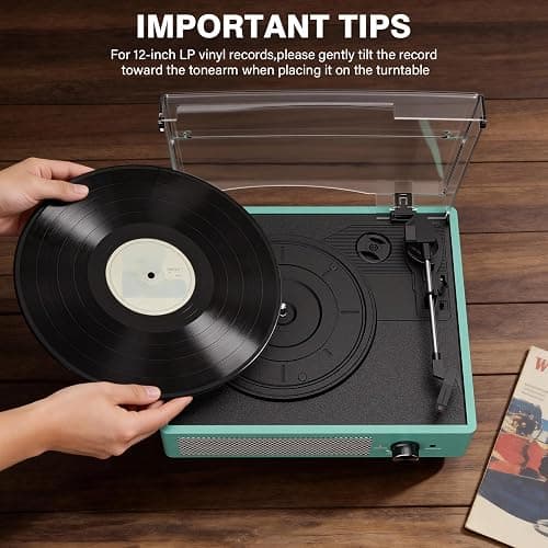 Record Player for Vinyl with 2 Build-in Speakers LP Vinyl Players Belt-Driven Vintage Turntables 3 Speed 3 Size, Wireless Bluetooth Playback, AUX-in, RCA Out, Headphone, Auto Stop,Water Blue thumbnail 5