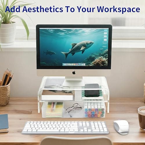 OPNICE Acrylic Clear Desk Organizers and Accessories, 2-Tier Computer Monitor Stand Riser with Drawer, Laptop Stand, Office Desk Accessories for Office Supplies, Transparent thumbnail 7