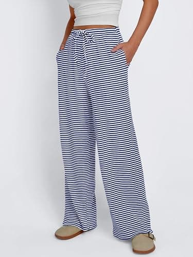 Trendy Queen Womens Striped Ribbed Wide Leg Pants Casual Drawstring Elastic Waist Baggy Sweatpants with Pockets thumbnail 2
