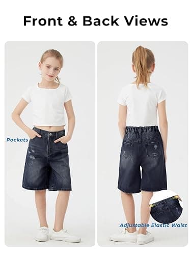 Handfrog Girls Shorts Elastic Waist Jorts Denim Jean Shorts Ripped Knee Length Bermuda Shorts for Kids Teen Girls Summer thumbnail 6