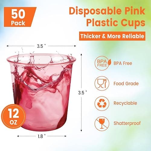 Jycnolm 50 Pcs Pink Plastic Cups, 12 Oz Disposable Stemless Wine Glasses Cocktail Pink Party Cups for Meeting, Wedding, Birthday, Valentines Party thumbnail 3