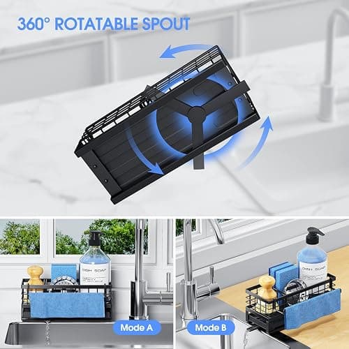 DYFVREN Kitchen Sink Sponge Holder, Rustproof Non-Slip Self-Draining Metal Sink Caddy with Detachable Dish Cloth Holder (Black) thumbnail 4