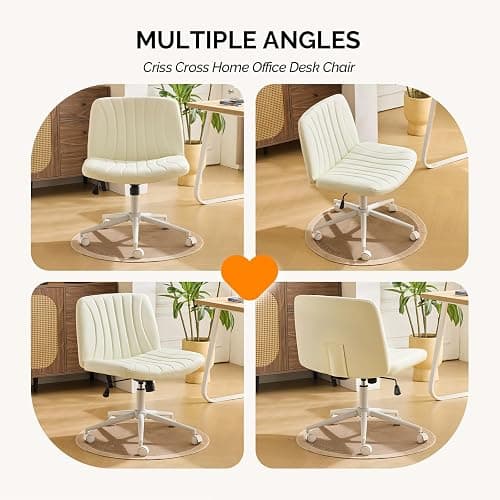 VINGLI Criss Cross Legged Chair,Wide Comfy Office Desk Chair,Dual-Use with/no Wheels Computer Task Chair,Swivel Armless Vanity Rolling Chair for Study,Make Up,Home Office,Cat Scratch PU Leather,Beige thumbnail 8