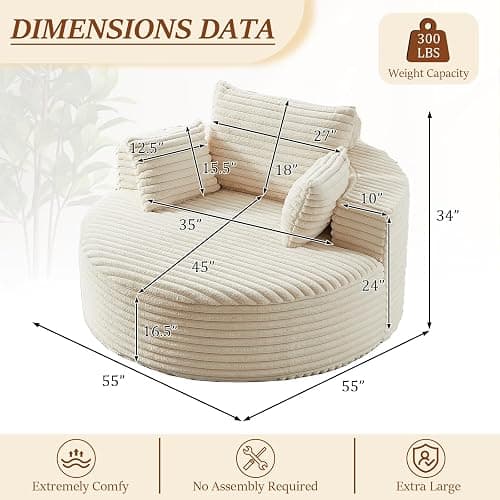 55"W Oversized Round Chair Lounge Chaise Indoor, Corduroy Upholstered Comfy Large Circle ArmChair, Modern Fluffy Deep Seat Cloud Sofa Chair Sleeper Sofa Bed for Living Room, Bedroom Apartment, Beige thumbnail 2