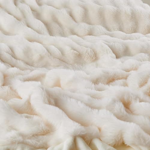 Jeyfull Fluffy Luxury Faux Rabbit Fur Throw Blanket - Cozy Fuzzy Plush - Thick Warm Decorative - Queen Size 90''x90'', Cream White thumbnail 6