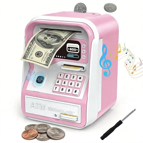 Piggy Bank for Kids Electronic ATM with Password Fingerprint Unlock for Real Money, Children Cash Coin Bank Birthday Gifts for 3 4 5 6 7 8 9 10 11 12 Year Old Boy Girl(Pink/White) - Image 1