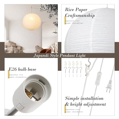 Fivemengo Paper Lantern Lamp Plug in Hanging Lamp, 20in White Rice Paper Pendant Light with 19.7FT Cord Large Globe Japanese Japandi Wabi Sabi Chandelier for Dining Living Room Bedroom Office 1 Pack thumbnail 6