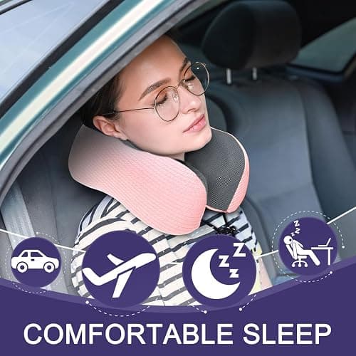 napfun Neck Pillow for Traveling, Upgraded Travel Neck Pillow for Airplane 100% Pure Memory Foam Travel Pillow for Flight Headrest Sleep, Portable Plane Accessories, Pink thumbnail 3