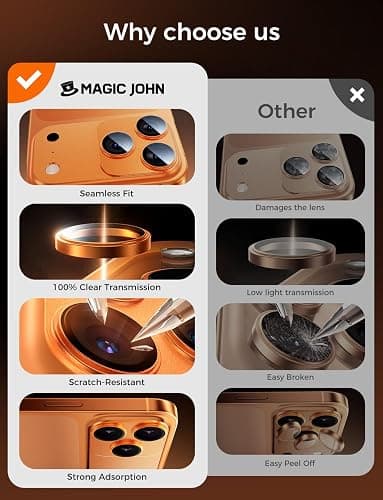 MAGIC JOHN for iPhone 17 Pro Max Camera Lens Protector 6.9'', HD Clear, Magnetic Tempered-Glass Lens Film, Ultra-Tough, Anti-Scratch, Case Friendly, 2 Pack, Orange thumbnail 6