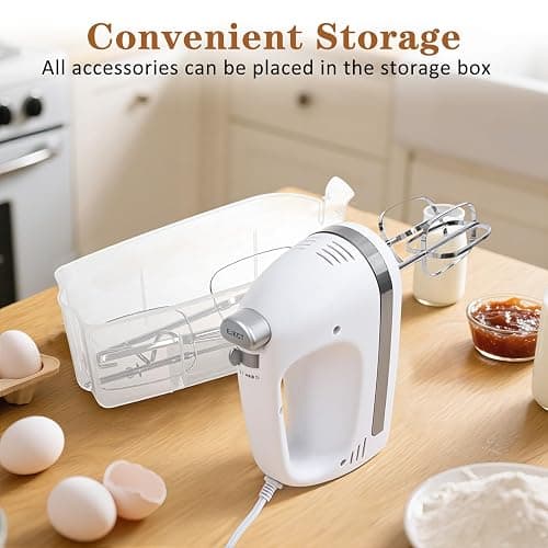 KBOBEY 450W Electric Hand Mixer, 5-Speed Handheld Mixer with Storage Case, Turbo & Eject Button, Includes 2 Beaters & 2 Dough Hooks for Baking, Cake, Egg, Cream (White) thumbnail 3