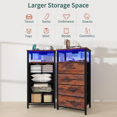 Yoobure Night Stand - LED Rustic Nightstand with Charging Station, Bedside Table with 4 Storage Drawers and Storage Shelf, End Table with USB Ports and Outlets thumbnail 7