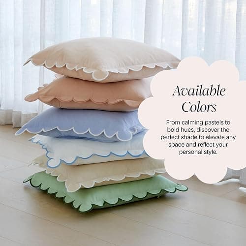 BEBE BASK Scalloped Pillow Cover - Set of 2-18 x 18 Inch - Scallop Pillow Cover – White and Blue Scalloped Pillows - Scallop Pillows - 100% Cotton - Grandmillennial Style (White/Blue) thumbnail 9