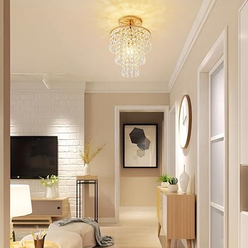 Modern Mini Crystal Chandelier, 3-Tier Raindrops Design Small Chandelier Light Fixture, Flush Mount Ceiling Light Fixture for Bedroom, Hallway, Living Room - E26 Base, Chandelier for Bedroom (Gold) thumbnail 5