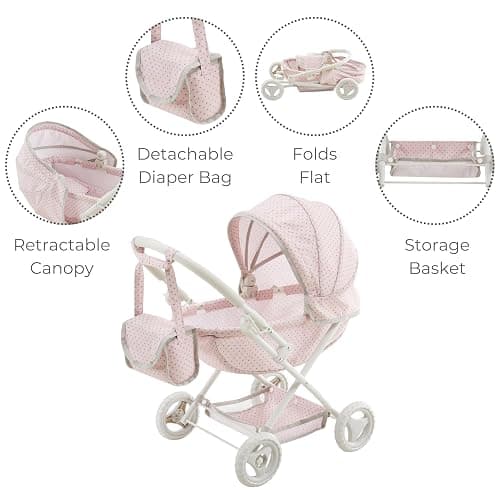 Olivia's Little World Polka Dot Princess Baby Doll Pram Stroller with Retractable Canopy & Storage, Pink thumbnail 4