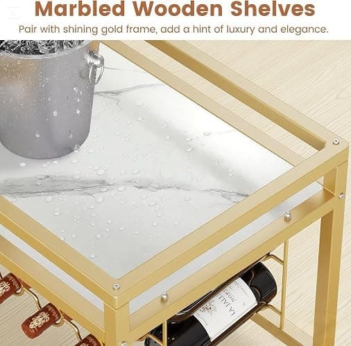 Leteuke Bar Cart for Home, 3 Tier Gold Serving Rolling Carts with Wheels, Drink Cart, Liquor Stand with Marbled Wooden Shelves, Wine Rack and Glass Holder for Kitchen, Dining Room thumbnail 7