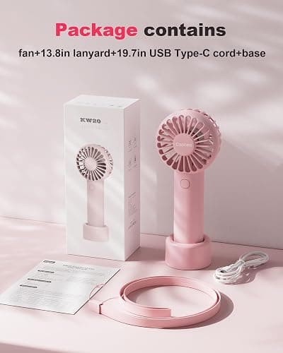 Coohea Mini Handheld Fan, Small Cute Design, 3 Powerful Speeds, USB Rechargeable Battery Operated, Personal Portable Fan with Base & Lanyard, for Eyelash Makeup Travel Beach Office Desk, Pink thumbnail 7