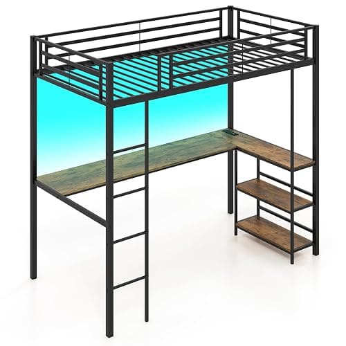 Giantex Twin Size Loft Bed with L Shape Desk, Metal Loft Bed with LED Lights, Charging Station & 2 Storage Shelves, Loft Bed Frame for Teens Adults Juniors w/Safety Guardrail, No Box Spring Needed - Image 1