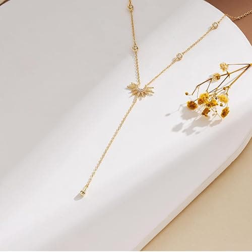 FAONDU Drop Sunburst Gold Necklace for Women Simple 14K Gold Plated CZ Chain Dainty Waterproof Pearl Teardrop Pendant Sliver Y-Necklace for Womens Non Tarnish Long Layered Sun Cross Choker Women's Y-Shaped Stacked Fashion Accessories Trendy Prom Jewelry Gift thumbnail 6