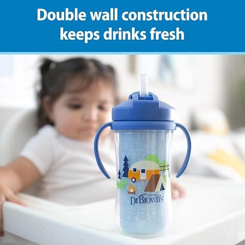 Dr. Brown's Milestones Insulated Sippy Cup with Straw and Handles, Spill-Proof Tumbler with Lid, 2-Pack, Blue & Green, 10 oz/300 mL, BPA Free, 12m+ | Insulated, with Straw, and Handles, Spill-Proof, with Lid, BPA Free thumbnail 4