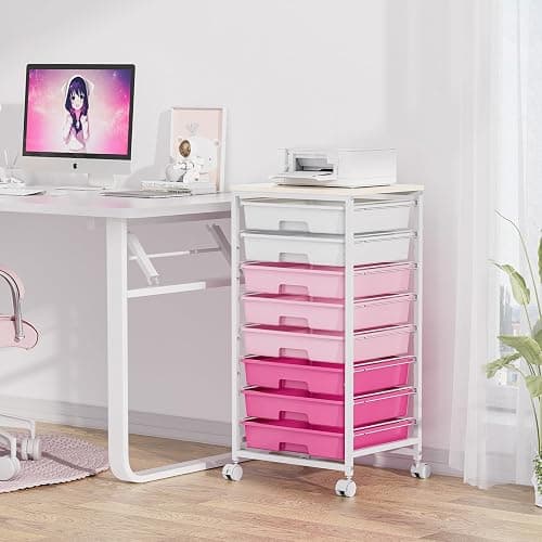 Rolling Cart with Drawers,Storage Cart with 8 Drawers and Wooden Tabletop,Utility Cart for Living Room,Classroom, Bedroom,Bathroom,Dorm,Office,Rose Pink thumbnail 9