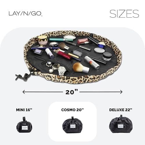 Lay-n-Go Cosmo Layflat Drawstring Cosmetic & Makeup Bag Organizer w/Zipper Pocket, Brush Loops & More, Cinch to Close, Lay Flat to Use, Durable, Machine Wash, Travel Toiletry Bag (20", Leopard) thumbnail 3