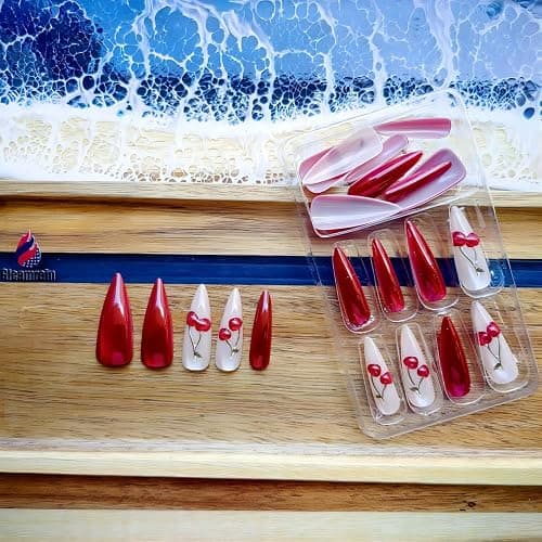 Gleamrain Red Press on Nails Long Stiletto Glue on Nails Almond Shape with 3d Cherry and Cat eye Design for Women and Girls for Christmas Parties Dances or Daily Use 24pcs thumbnail 6