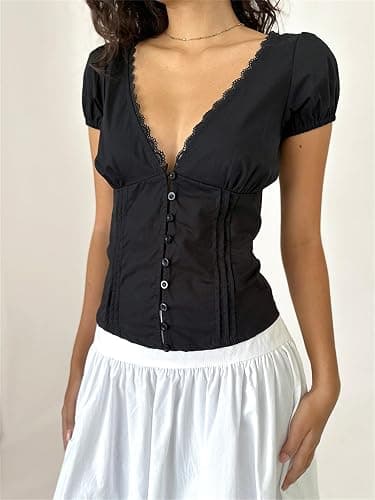 Women Y2k Fairy Grunge Babydoll Top Cute Puff Sleeve Lace Trim Button Shirt Vintage Summer Slim Fit Going Out Blouse thumbnail 3