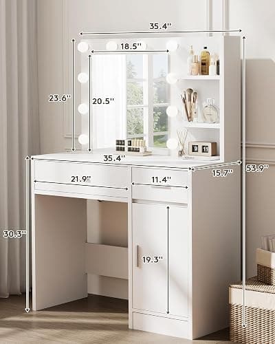 LIVELYGLOW Lighted Makeup Vanity Desk, 35.4“W x 15.7'”D x 54“H, White (with Lights and Mirror, Dimming Function, 2 Drawers and 1 Cabiniet, Open Shelves) by Boahaus thumbnail 2