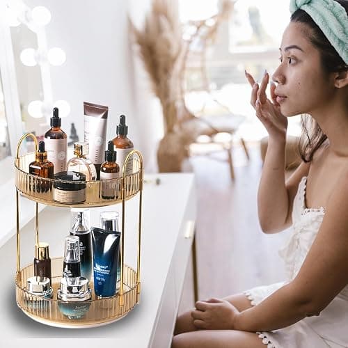 Zufudo Rotating Makeup Organizer Countertop 2 Tier Lazy Susan Trays Clear Skincare Perfume Storage for Bathroom Counter Vanity, Amber Gold thumbnail 6