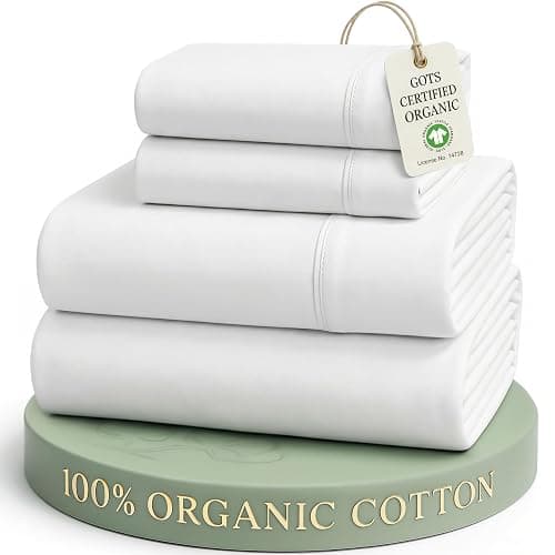 LANE LINEN Eco Friendly 100% Organic Cotton Queen Sheet Set, Soft & Comfy Fully Elasticized 15" Deep Pocket Bed Sheets, Low Pill Naturally Cooling Machine Wash Sábanas Queen- White Bed Sheets - Image 1