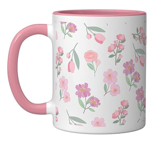 Pink Floral Girly Garden Pattern Coquette Aesthetic Ceramic Mug, Pink/White - Image 1