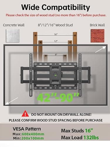 USX Mount Full Motion TV Wall Mount for Most 42-90 inch Flat Screen/LED/4K, TV Mount Bracket Dual Swivel Articulating Tilt 6 Arms, Max 16" Wood Studs, VESA 600x400mm, Holds up to 132lbs thumbnail 2