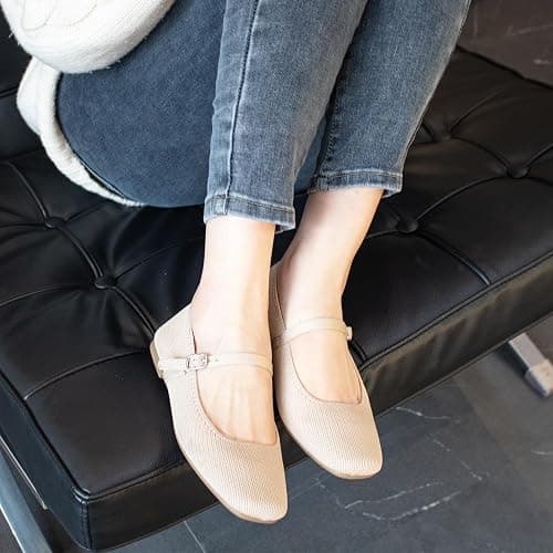 Soesyi Knit Flats for Women Square Toe Flats Casual Ballet Flats with Ankle Strap,Mary Jane Shoes Women Comfortable for Dressy Office thumbnail 2
