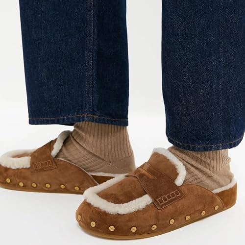 Fur Lined Clogs for Women Fuzzy Studded Slippers Comfortable Slip On Mules Closed Round Toe Fall Winter Casual Flat Shoes thumbnail 2