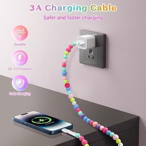 Aolcev USB C Cable 66W Fast USB A to USB C Charging Cord 4.9FT Cute Beaded USB Type C Charger Cord Phone Charger Cable for iPhone 17 16 Pro Max 15 Pro Max Plus Galaxy S25 S24 S23 S22 Multicolored thumbnail 5