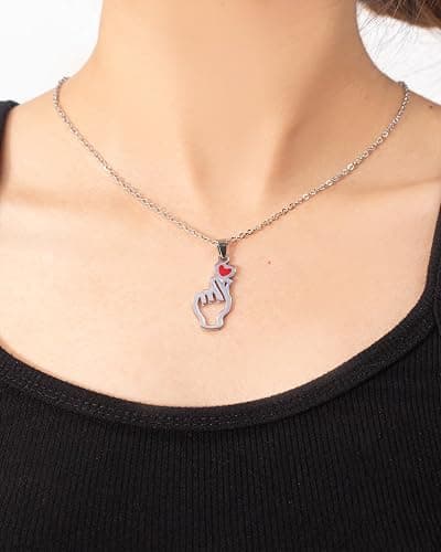 TOLOWOBK BTS Kpop Gifts for Women Girls, Silver Finger Heart Charm Necklace BTS Merchandise Gift for K pop Fan Jewellery Concert Valentines Birthday Gifts for Girlfriend Mum Daughter Sister Wife thumbnail 2