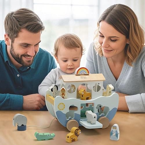 Joyreal Wooden Noah's Ark Toy for 1 Year Old Baby Boy and Girl Baptism Gift - Neutral Color Montessori Educational Toy with Animal Shape Sorter - Christian Toys for Toddler 1-3 Christmas Birthday Gift thumbnail 2