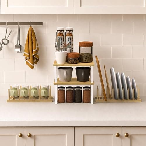 Plate Organizer for Cabinet - 4 Pcs Stackable Plate and Bowl Organizer Set with 2 Cabinet Shelves and 16-Slot Dish Rack for Plates, Bowls, Cups and Pot Lids | Reinforced structure, high load-bearing, deformation resistant, fast draining, space saving, multi-scene use, quick assembly thumbnail 5